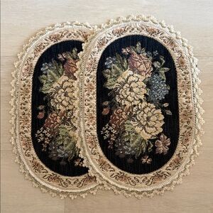 Vintage Floral Tapestry With Lace Pair of Matching Dollies